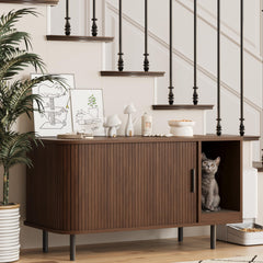 Halitaa litter box enclosure front view with walnut finish.