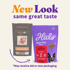 Halo Freeze Dried Raw Topper beef recipe packaging shows real meat for daily energy.