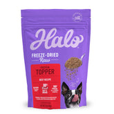 Halo Freeze Dried Raw Topper beef bag highlights premium protein boost for meals.