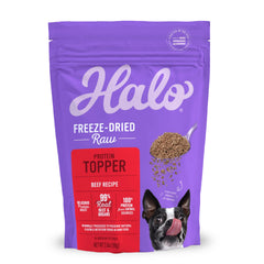 Halo Freeze Dried Raw Topper beef bag highlights premium protein boost for meals.