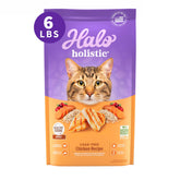 Halo Holistic Cage-Free Chicken Cat Food bag 6lb front, ideal for planning meals with clear feeding guidelines.