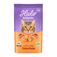 Halo Holistic Chicken Cat Food bag front highlights cage-free chicken as main protein.