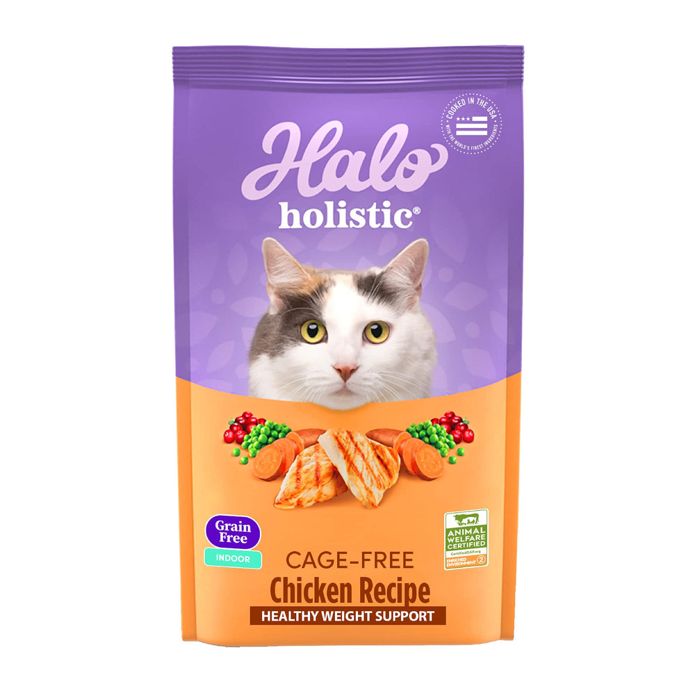 Halo Holistic Chicken Recipe bag front displays cage-free chicken for premium cat nutrition.