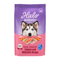Halo Holistic wild-caught salmon and whitefish dry dog food bag showcases first-ingredient real fish for digestive health.