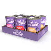 Halo wet dog food variety-pack packaging highlights eco-friendly cans for dogs.
