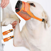 Hamibus dog muzzle orange front view shows breathable mesh for cooling during walks
