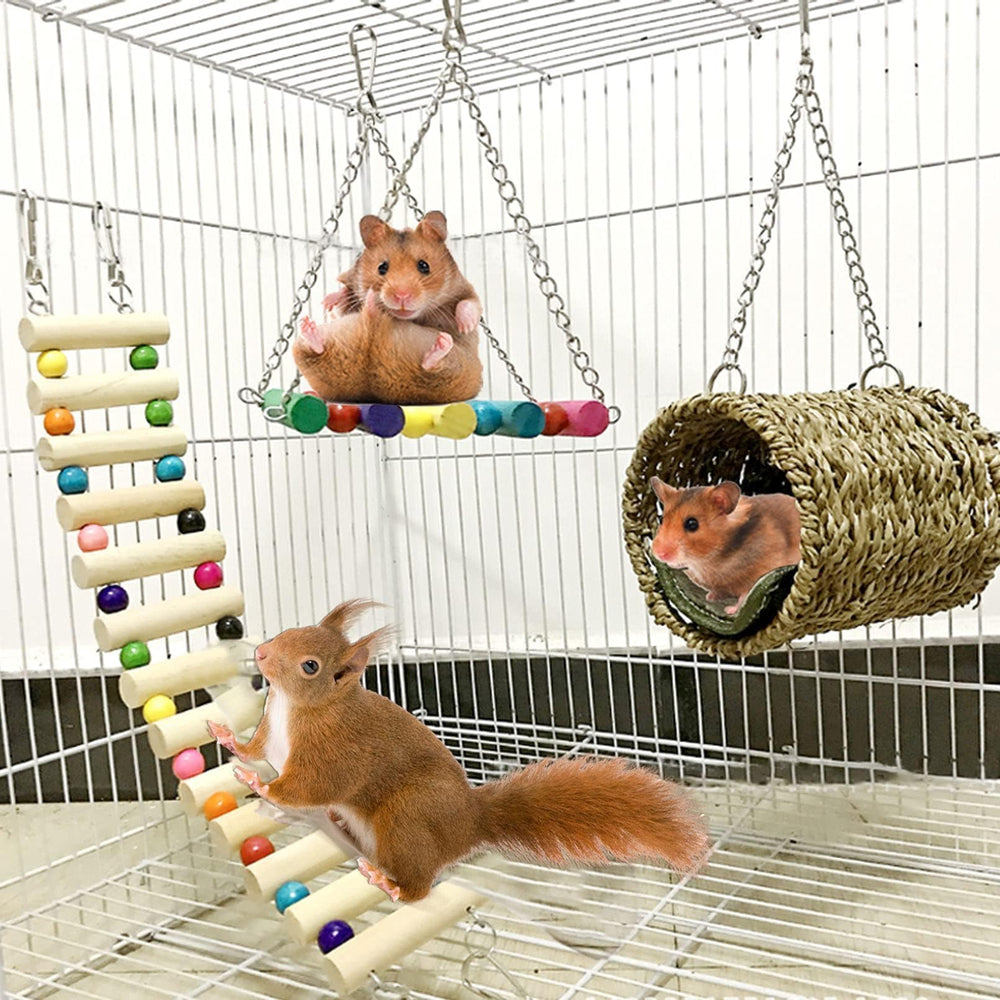 Hamiledyi hamster hanging hammock provides a cozy resting spot in natural wood design.