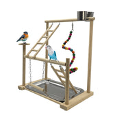 Hamiledyi parrot playground assembly scene shows sturdy wood perch for desk setup.