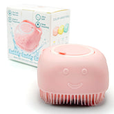 HamInWay dog bath brush built-in shampoo container for easy sudsing during baths.
