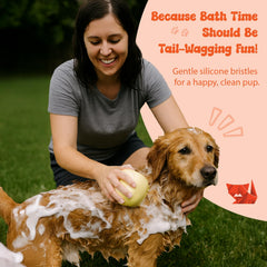 HamInWay dog bath brush shampoo dispense showcases built-in container for quick lathers.