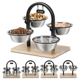 Handrong elevated cat bowls show four-height setup for ergonomic feeding.
