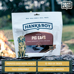 Hank and Roy pig ears dog treats close-up suggests support for dental hygiene.
