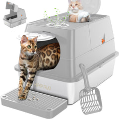 HAPAW stainless steel litter box front view shows front-entry convenience for multi-cat homes.