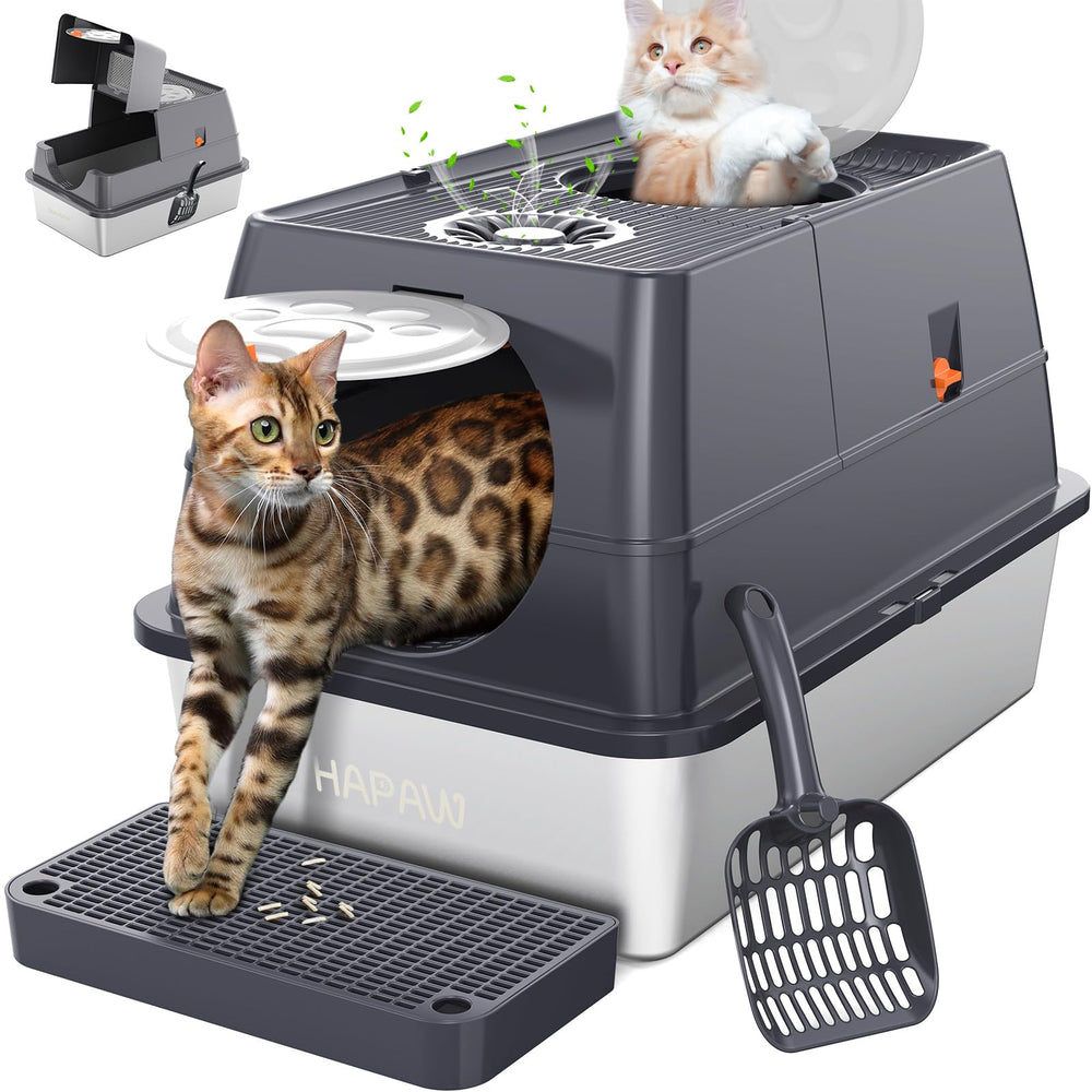 HAPAW stainless steel litter box front view with dual entry for easy access