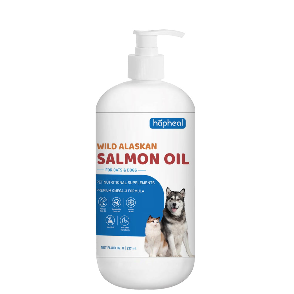 hapheal wild-caught salmon oil bottle with pump for dogs and cats promoting a healthier coat.