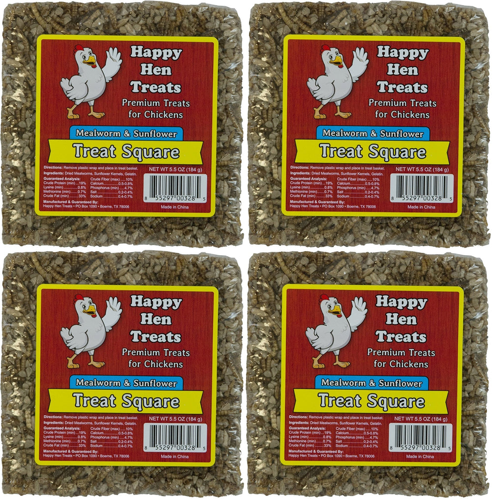 Happy Hen Treats mealworm and sunflower square for chickens; protein boost for healthy poultry.