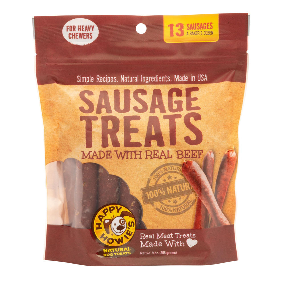 Happy Howie's Beef Sausage Treat bag front shows natural ingredients for healthy snacking.