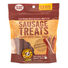 Happy Howie's Beef Sausage Treat bag front shows natural ingredients for healthy snacking.