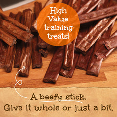 Happy Howie's Woof Stix ingredient closeup; all-natural beef with hormone-free promise.