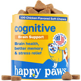 Happy Paws cognitive dog supplement bottle front promotes brain health and daily focus.