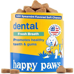 Happy Paws Dental Soft Chew packaging shows an easy daily oral care jar for dogs.