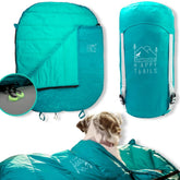 Saco para perros Happy Trails PNW en azul glaciar, ideal para senderismo.