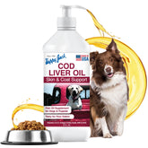 Happy Jack Cod Liver Oil bottle for dogs supports healthy skin and shiny coats.
