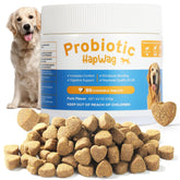 HAPWAG dog allergy relief chews packaging highlights pork flavored probiotic chew for daily gut health.