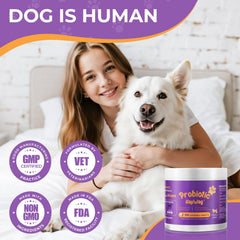 HAPWAG probiotics-all-breeds-bottle-closeup: safe, all-breed probiotic bottle shown for aging dogs.