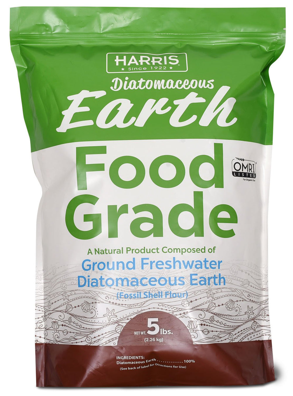 Harris Diatomaceous Earth 5lb powder bag for chemical-free pest control and clean use.