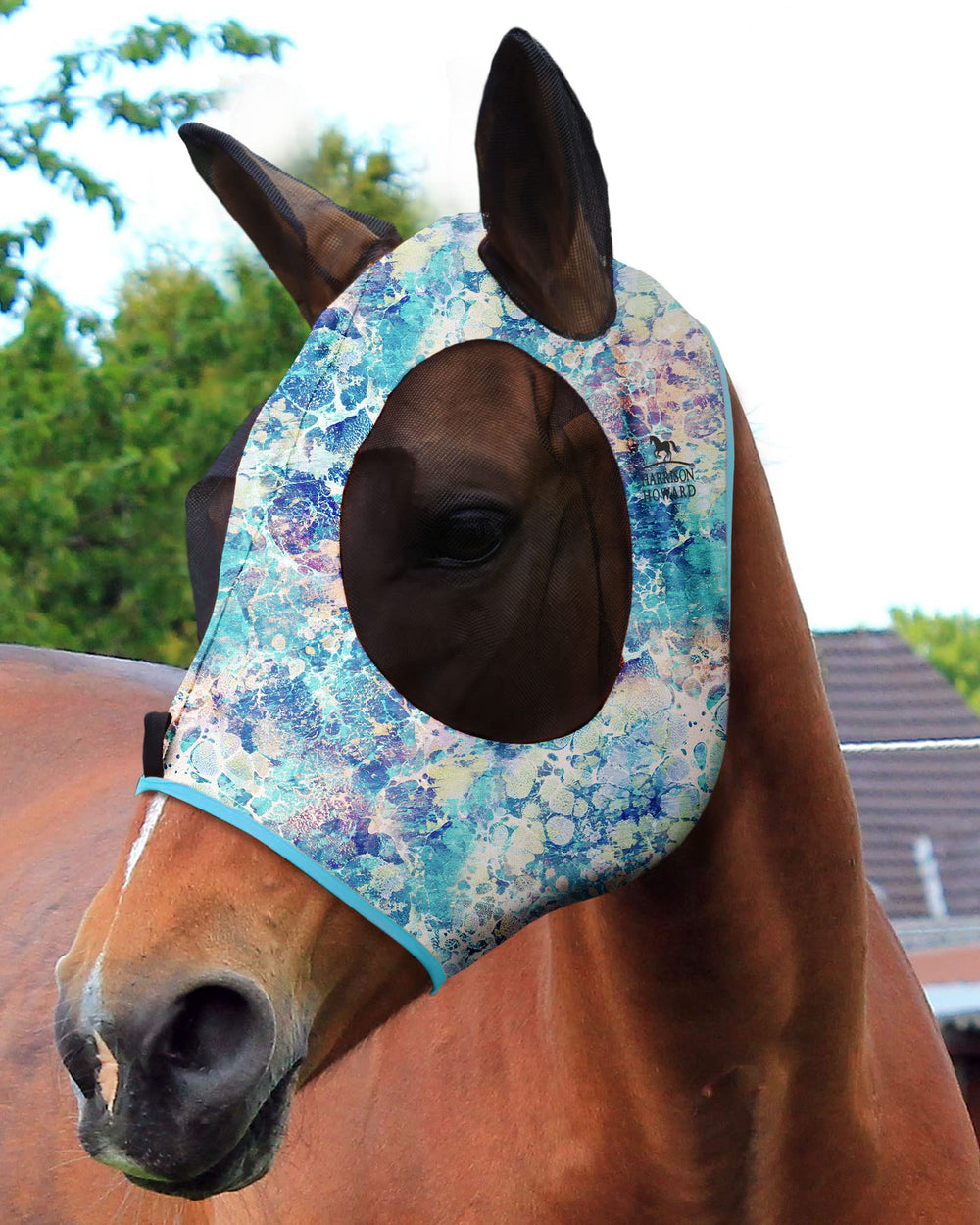 Harrison Howard máscara anti moscas para caballos, vista frontal clara y cómoda.