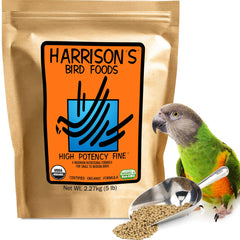 Harrison's High Potency bowl serve highlights nutrient-dense formula for small to medium birds' vitality.