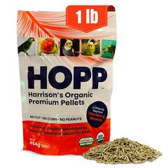 Harrison's Organic Premium Pellets bowl-serving emphasizes easy feeding and balanced nutrition for birds
