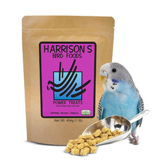 Harrisons Power Treats bag open shows an enrichment snack for birds.