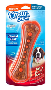 Hartz Chew ’n Clean Dental Duo toy with bacon shell promotes durable chewing and play.