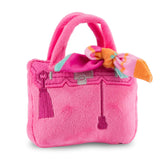 Haute Diggity Dog Barkin Bag with Scarf, pink plush exterior for stylish fetch and cuddles.