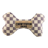 Haute Diggity Dog Checker Chewy Vuiton Bone XL closeup squeaker for interactive play.