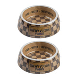 Haute Diggity Dog Checker Chewy Vuiton bowl set top view for durable, stylish mealtime.