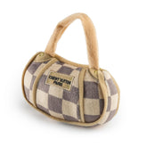 Haute Diggity Dog Checker Chewy Vuiton Handbag front view with interactive squeaker for play