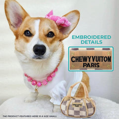Haute Diggity Dog Checker Chewy Vuiton Handbag in-action promotes fetch and tug-o-war playtime variety.
