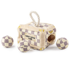 Haute Diggity Dog Checker Chewy Vuiton trunk image highlights enrichment and stylish design.