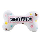 Haute Diggity Dog White Chewy Vuiton Bone front view highlights stylish fetch and cuddle play.