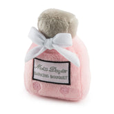Haute Diggity Dog Miss Dogior perfume bottle toy with pink plush and squeaker for playful engagement.