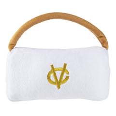 Haute Diggity Dog White Chewy Vuiton Handbag embroidered logo detail enhances charm during play.