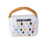 Haute Diggity Dog White Chewy Vuiton Handbag front view promotes stylish play and interactive squeaker fun.