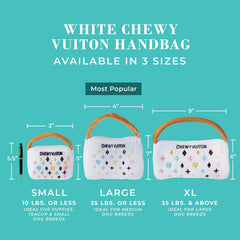 Haute Diggity Dog White Chewy Vuiton Handbag interior squeaker engages dogs on every chase.