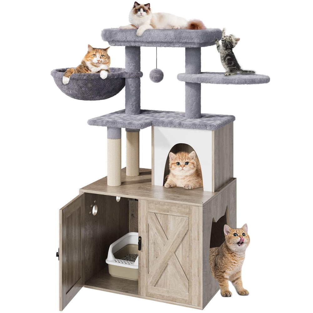 HavenlyYouth cat-tree-enclosure front-view showing a private litter nook and cozy perch.
