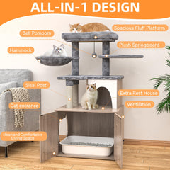 HavenlyYouth cat-tree-enclosure side-view illustrates multi-level play and hidden litter box.