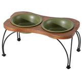 Havniva ceramic raised double-bowl set in olive green with a stable non-slip base.