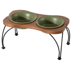 Havniva ceramic raised double-bowl set in olive green with a stable non-slip base.